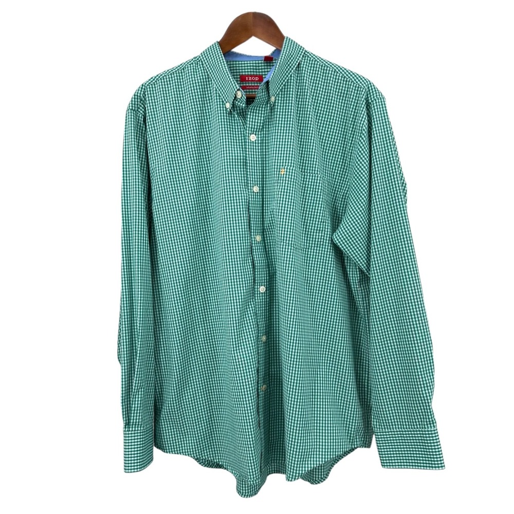 IZOD Green & White Gingham Check Non-Iron Stretch Button Down Shirt Men's Large - Picture 3 of 11